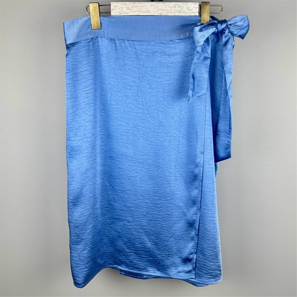WILDFANG Skirt Women’s Cornflower Blue Solid Satin Wrap Midi Tie Waist